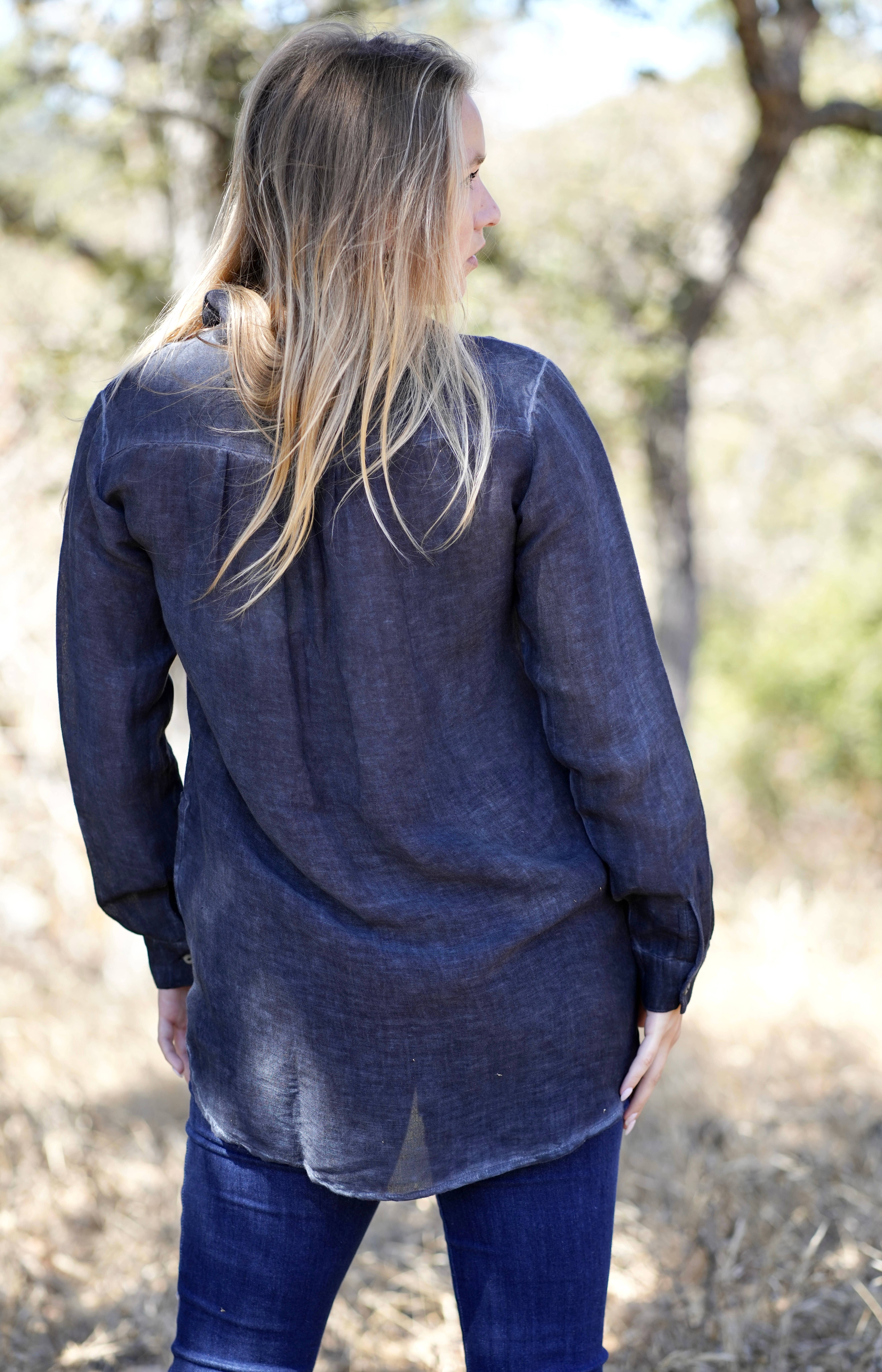 Anoushka Linen Top Navy for wholesale on Faire3