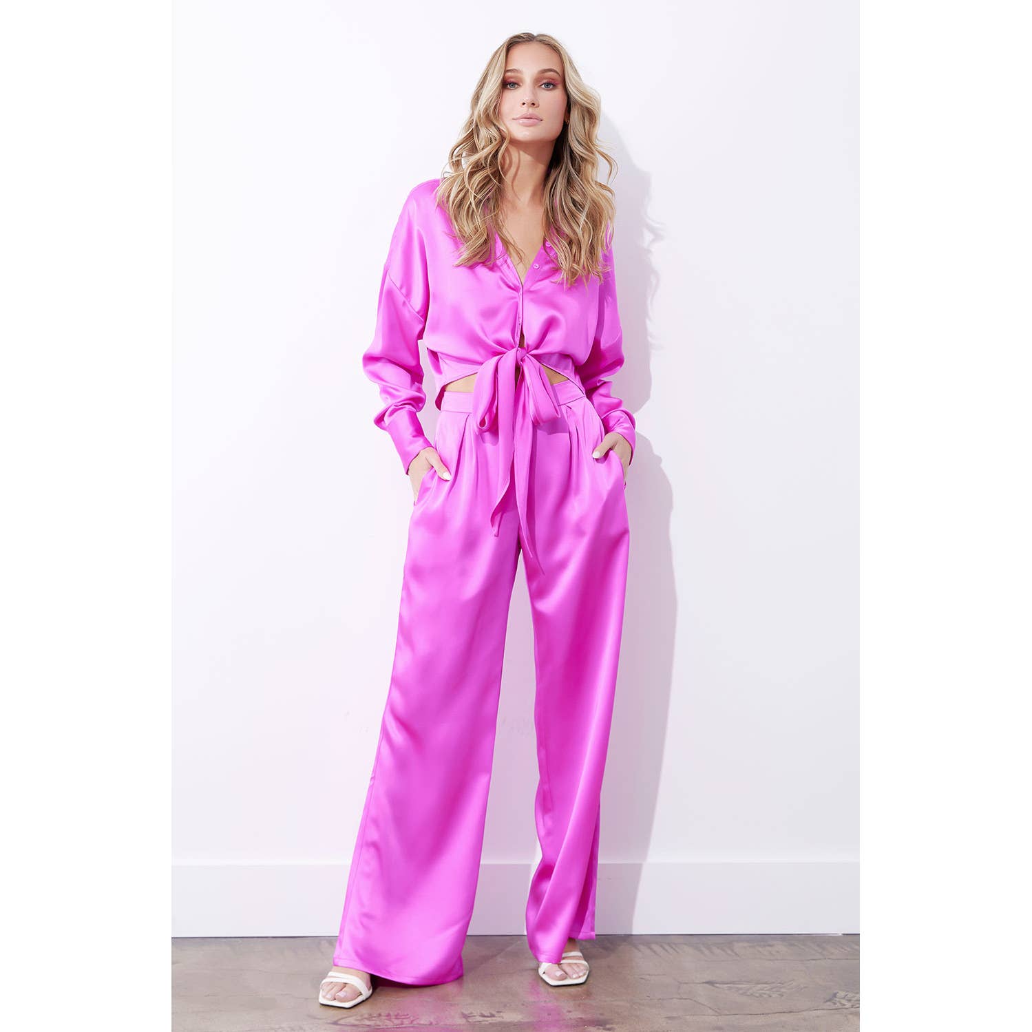 Strut & Bolt - Wholesale Button Down Shirt - Women's - Button Down Waist Tie Satin Shirt Top20