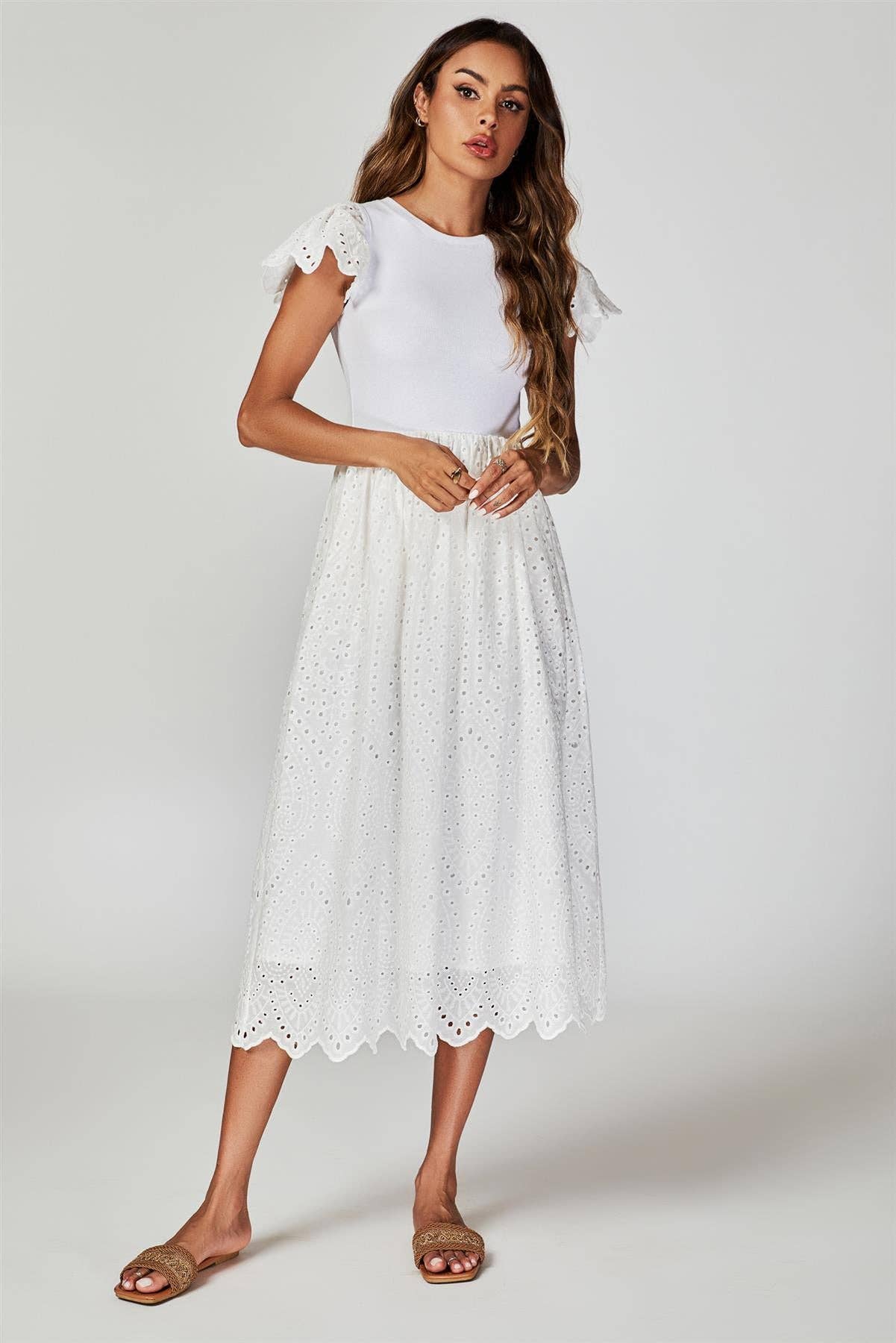 Jersey Broderie Midi Dress In White for wholesale on Faire2