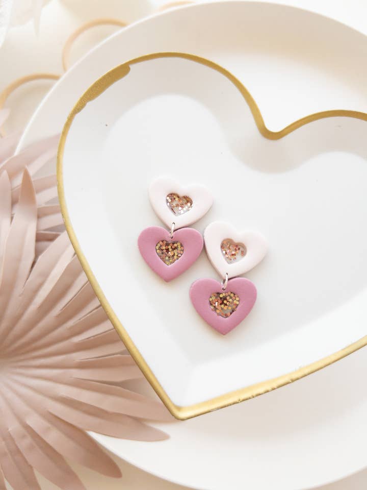 Valentines Day | Heart Dangle Earrings | Pink | Barbie Pink for wholesale by Belltina Clay Co.