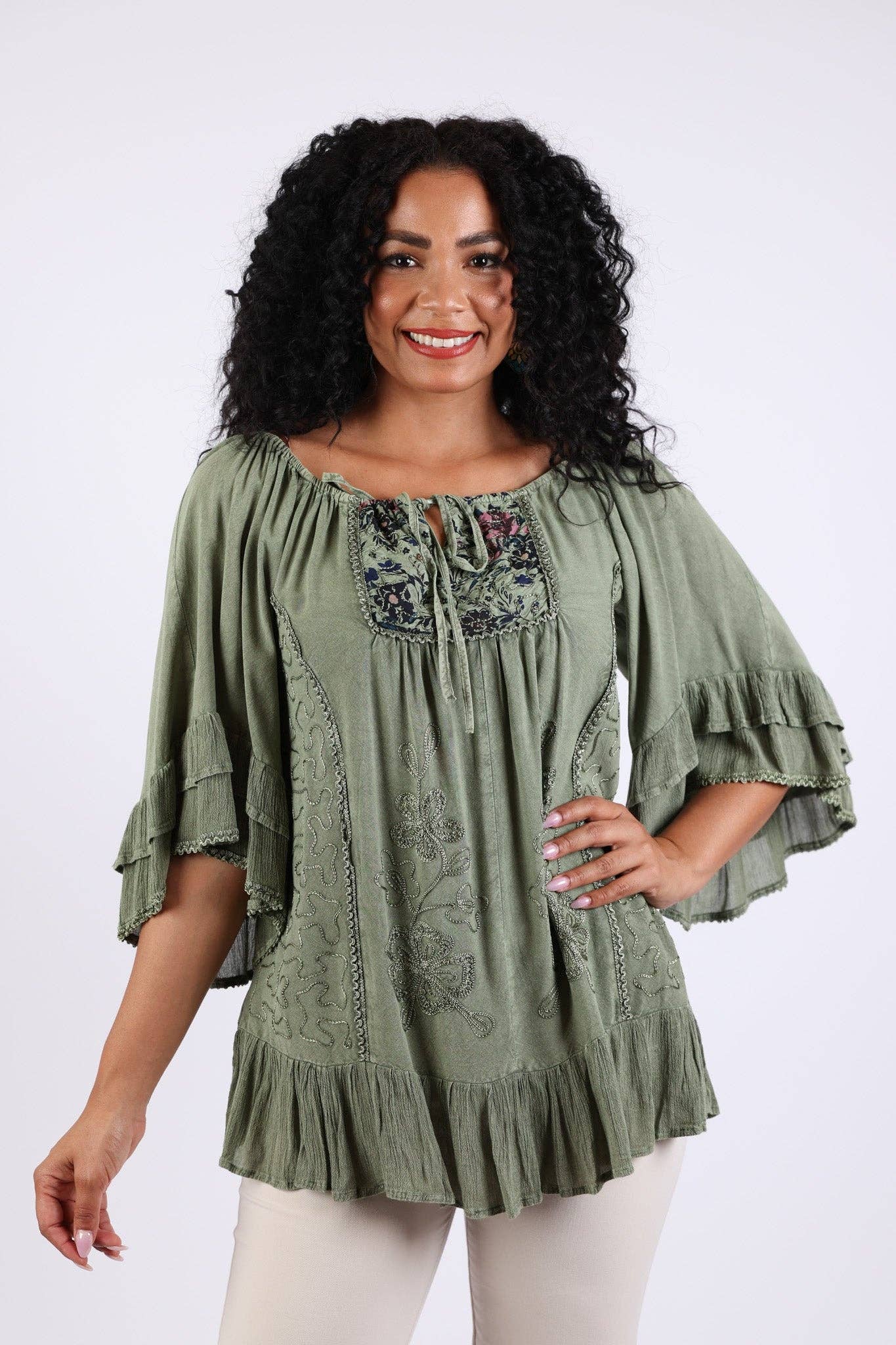 Sacred Threads - Wholesale Blouse - Women's - Embroidered Boho Peasant Blouse: Ruffle Bell Sleeves Top3