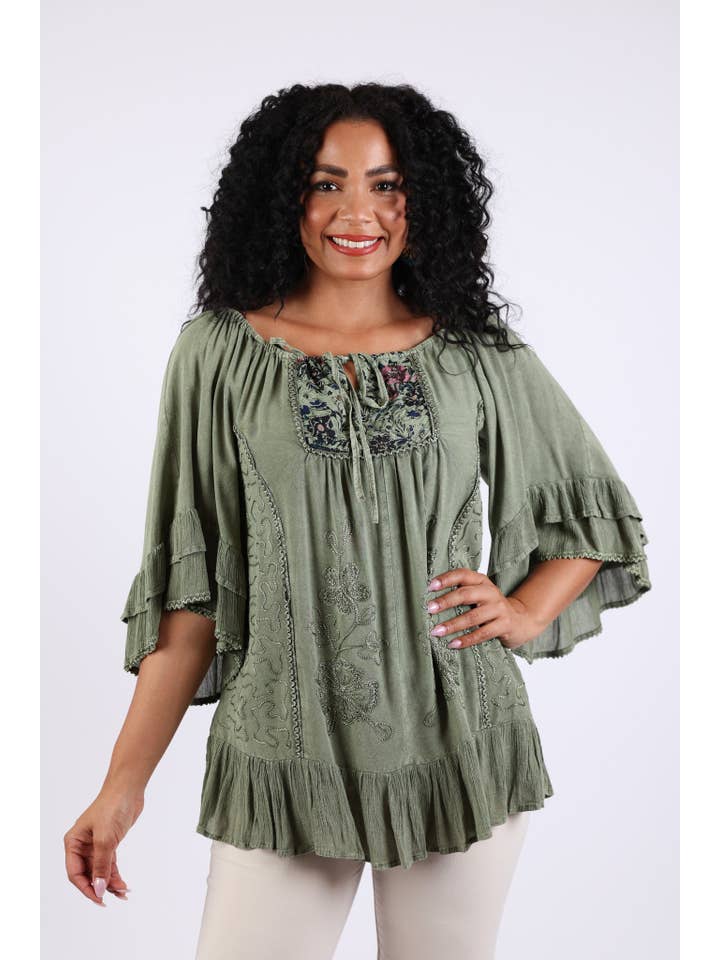 Sacred Threads - Wholesale Blouse - Women's - Embroidered Boho Peasant Blouse: Ruffle Bell Sleeves Top3