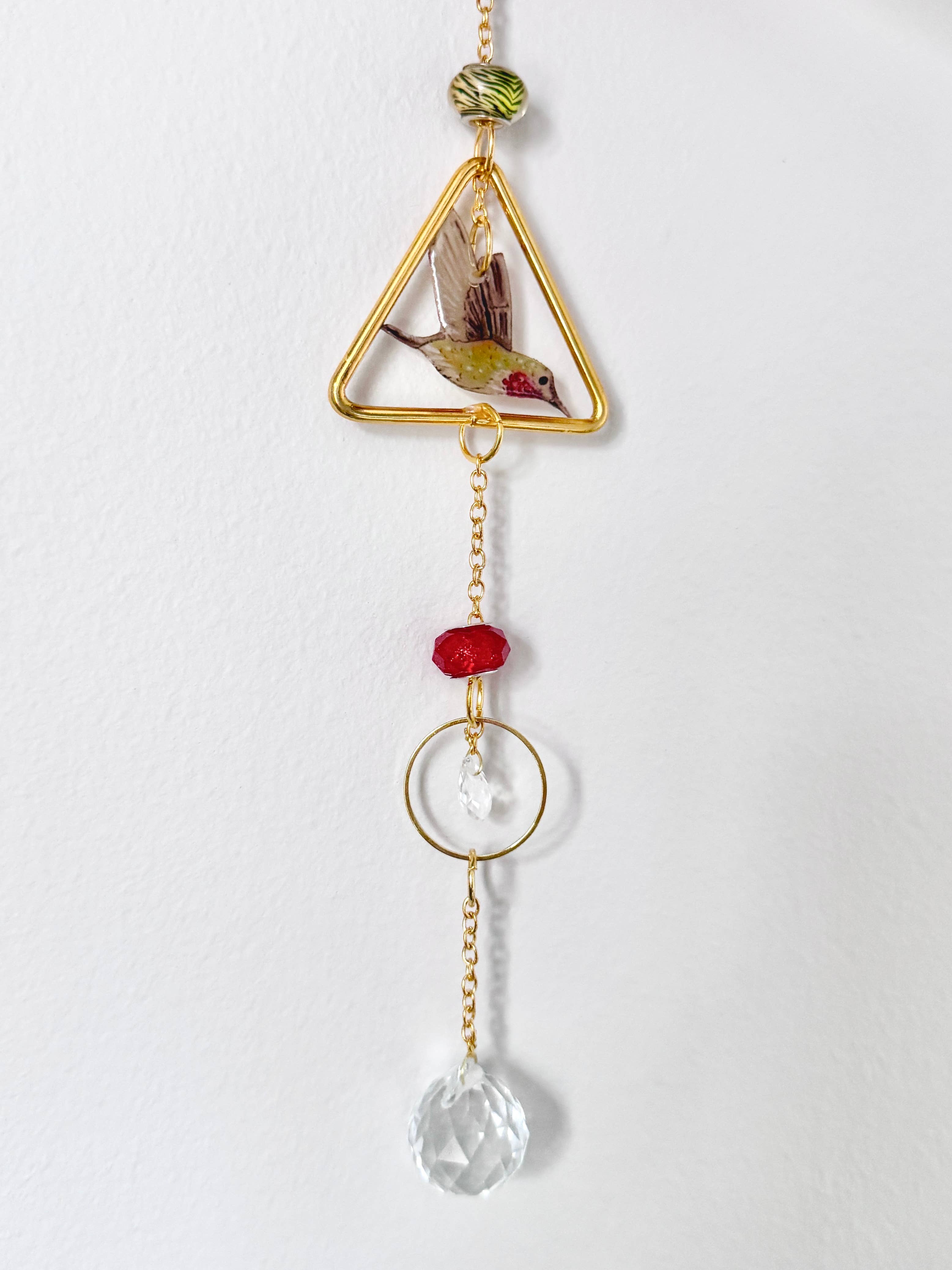 D. Prince Designs - Wholesale Suncatcher - Handmade + Hand-Illustrated Hummingbird Suncatcher with Green and Red Beads3