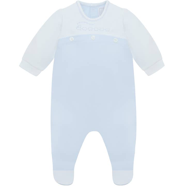 Luka Boys Babygrow Bleu avec Broderie de Train pour la vente par Emile Et Rose