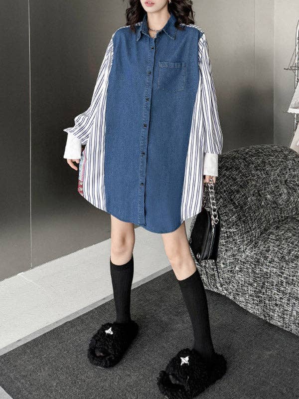 Sheer Trend - Vente Chemise à col boutonné – femme - Blouses et chemises à revers rayés à manches longues, amples et boutonnées, poches de couleur contrastante10