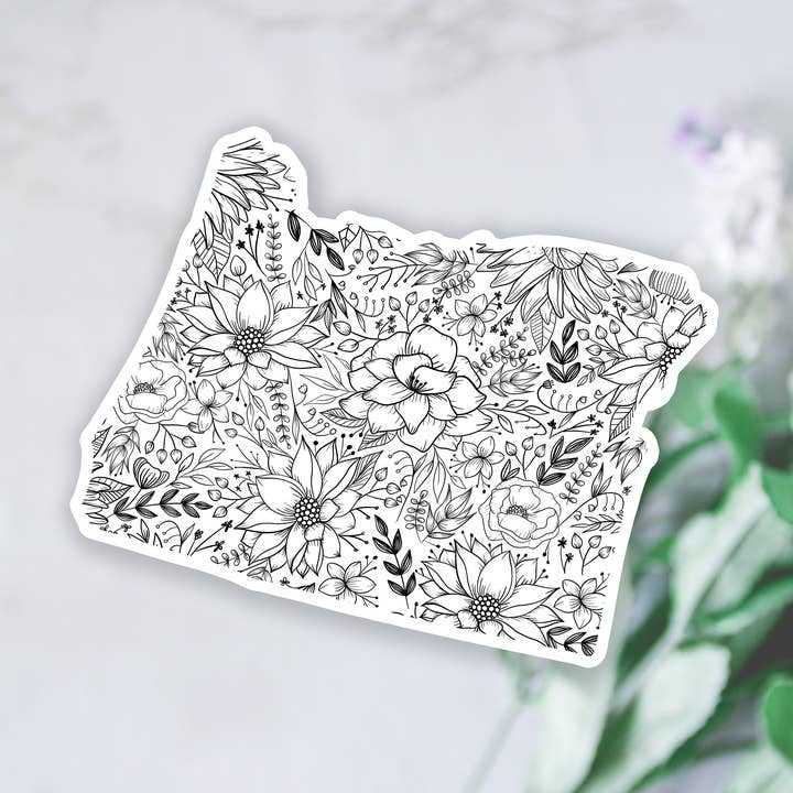 Adhesivo de vinilo floral blanco y negro del estado de Oregón para venta al por mayor de West Creek Mercantile