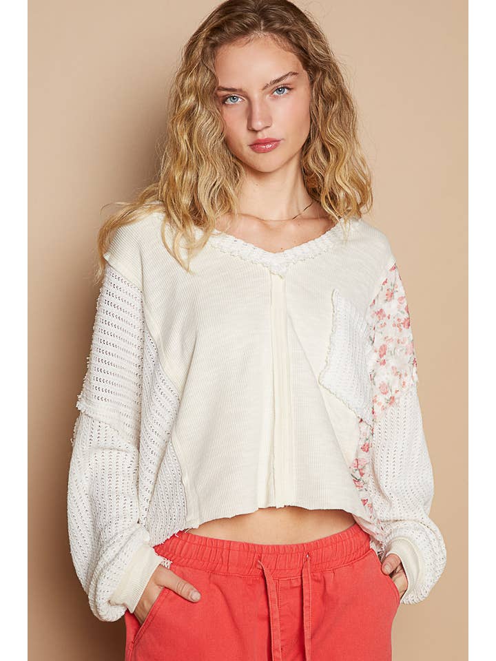 Pol Clothing - Wholesale Knit Top - Women's - Vintage wash V-neck floral ribbed knit top SALE