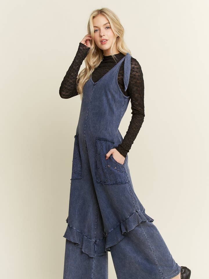J.Her - Wholesale Jumpsuit - Women's - MineralWash Jumpsuit with EyeletPockets and Ruffle HJ57851