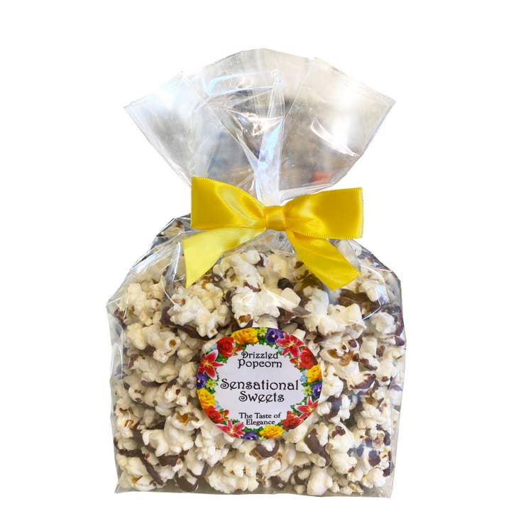 Gourmet Chocolate Drizzled Popcorn - 3 oz Clear Bag w/ Bow for wholesale by Sensational Sweets