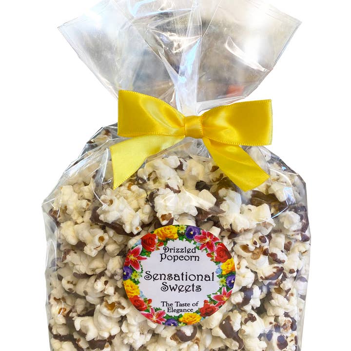 Gourmet Chocolate Drizzled Popcorn - 3 oz Clear Bag w/ Bow for wholesale by Sensational Sweets