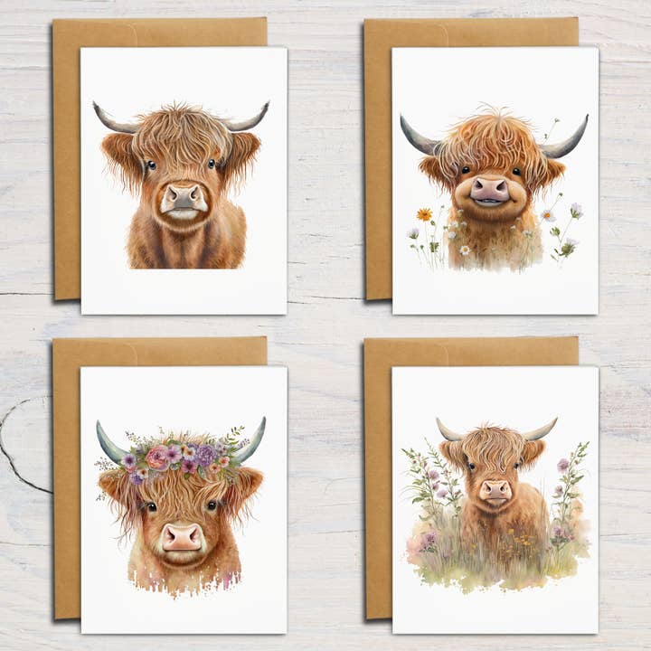 Mississippi Mae Monograms - Wholesale Stationery/Notecard Set - Assorted Highland Cow Note Cards