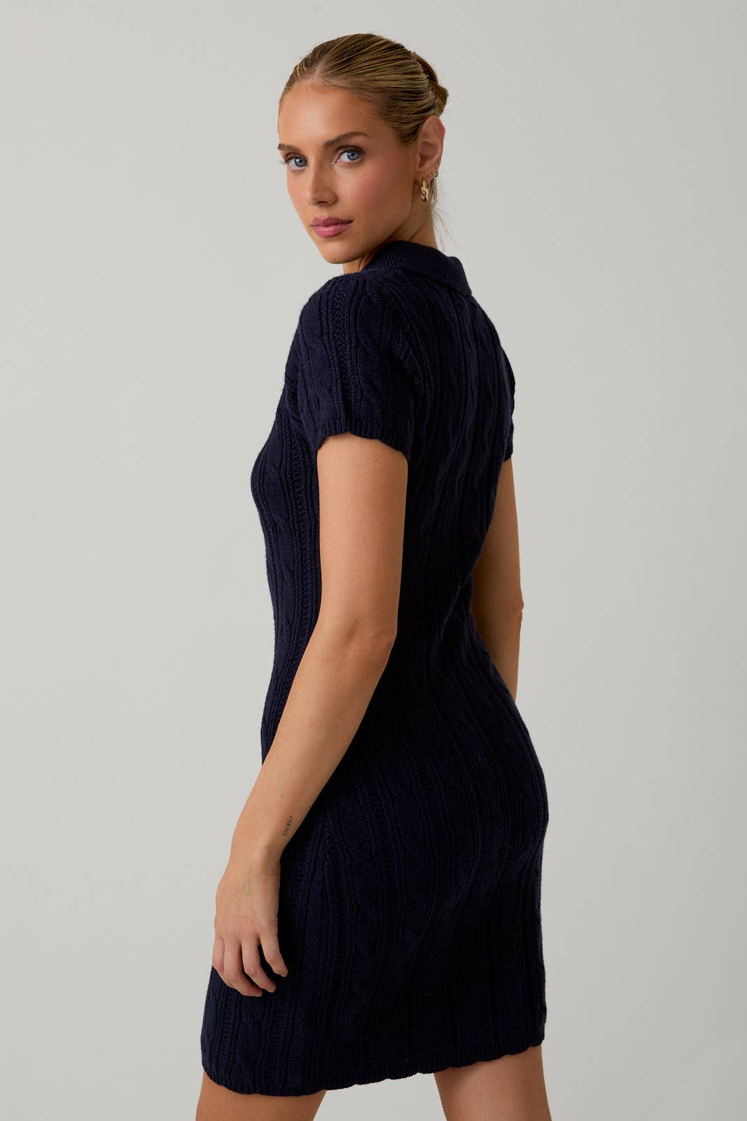 NAVY COLLAR SCALLOP DETAIL CABLE KNIT SWEATER MIDI DRESS for wholesale on Faire1