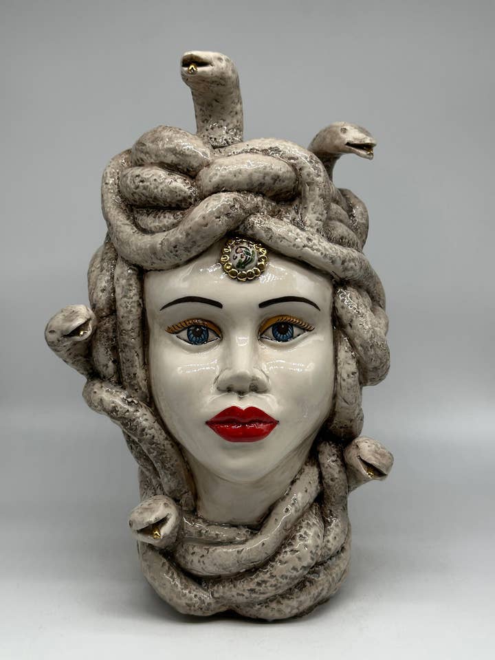 Mythological Head Medusa Ceramica Caltagirone cm H.38 L.25 Artisanale Écru Gold details for wholesale by DD Ceramiche Siciliane