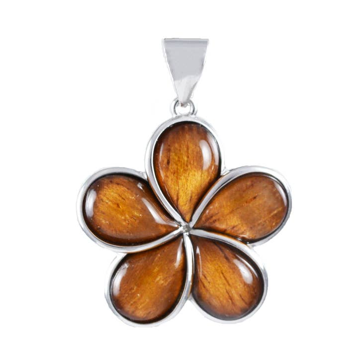 Hawaiian Large Genuine Koa Wood Plumeria Pendant, Sterling Silver Koa Wood Inlay Plumeria Pendant, Christmas Present, Birthday Mom Gift for wholesale by Paradise Treasures Jewelry