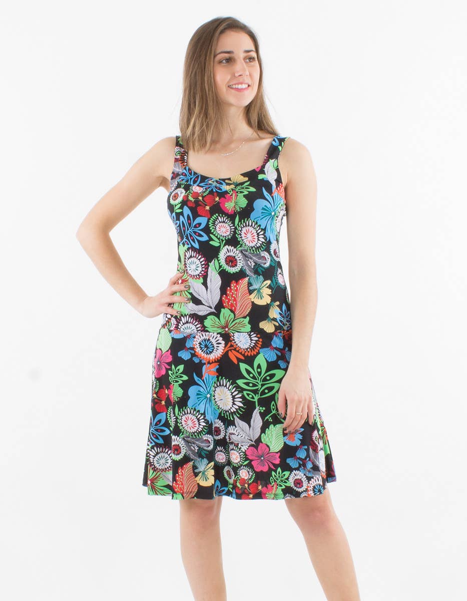 Coline - Vendita all'ingrosso Vestito - Donna - Vestito corto donna Coline con spalline larghe e stampa floreale caraibica0