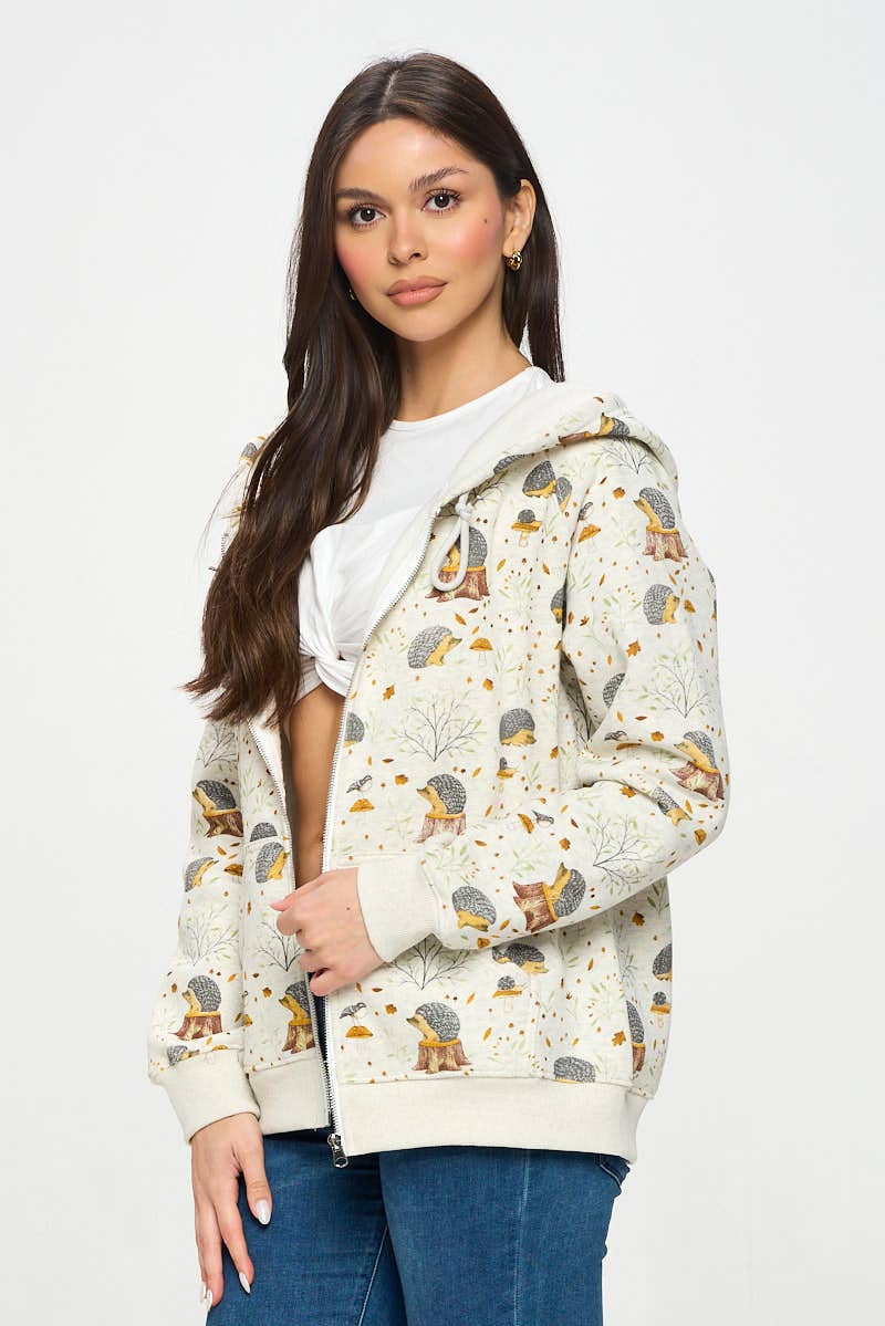 SM WARDROBE – Engroshandel Hoodie – Kvinder – PINDSVIN CHAMPIGNON PRINT HÆTTETRØJE MED LYNLÅS3