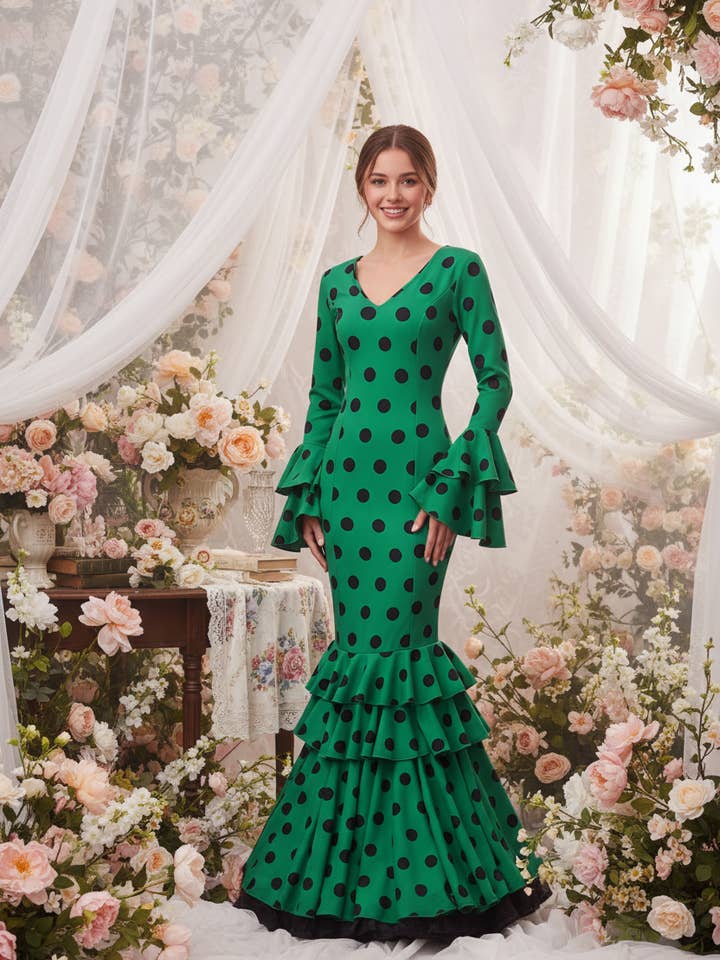 Traje de Flamenca Verde Andaluz - Elegância Moderna | Ref. M21041 por atacado de EMMA WU DESIGN
