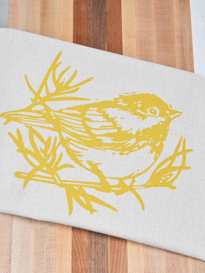 Organic Cotton Chickadee Tea Towel in Mustard Yellow - Bird for wholesale by Hearth and Harrow