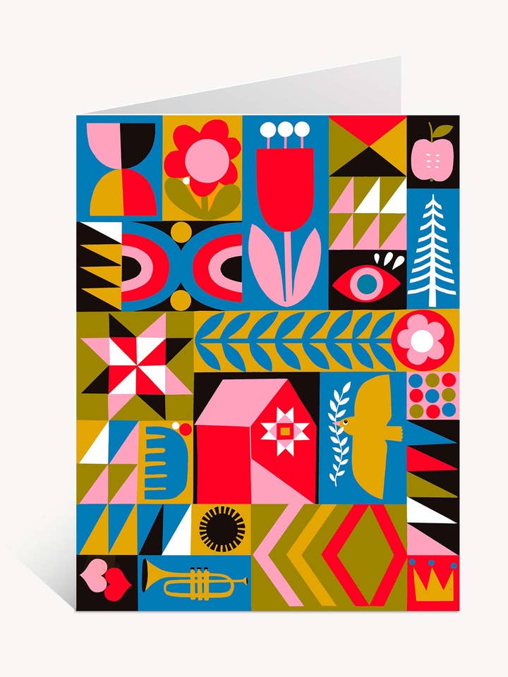 Blank/Quilt Squares with trumpet Greeting Card for wholesale by Lisa Congdon Art & Illustration