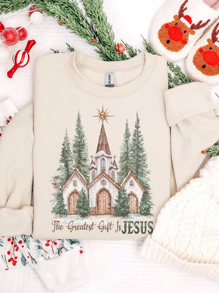 El regalo más grande es Jesús Sudadera de arena | Navidad para venta al por mayor de Curly Tailed Designs