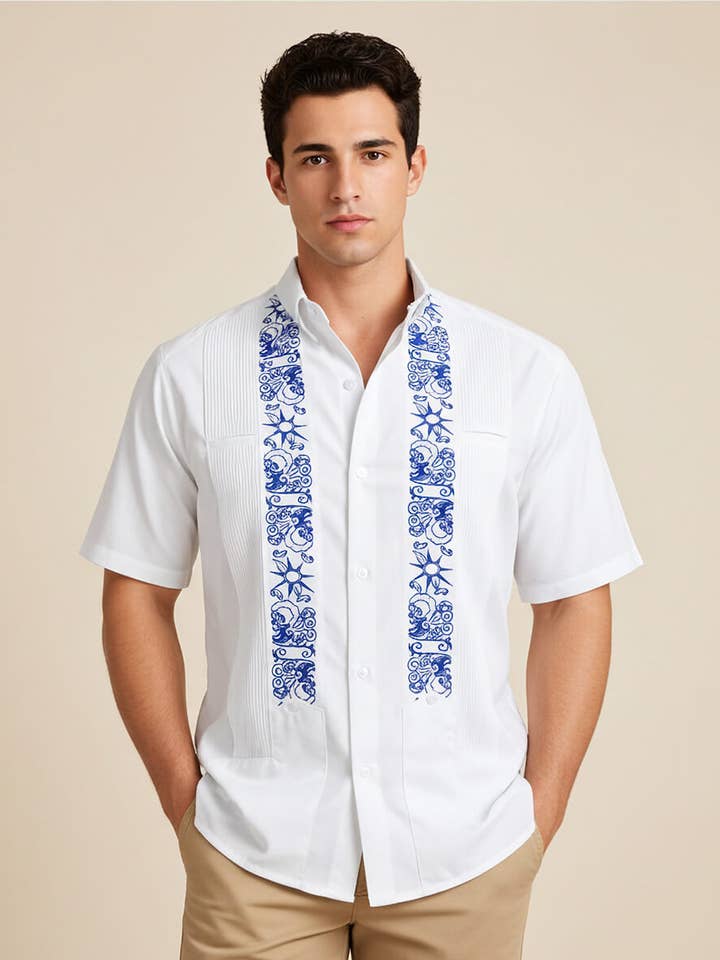 Y.A.Bera Clothing Modern Guayaberas - Wholesale Button Down Shirt - Men's - White Clouds with Blue Stars Short Sleeve Guayabera2