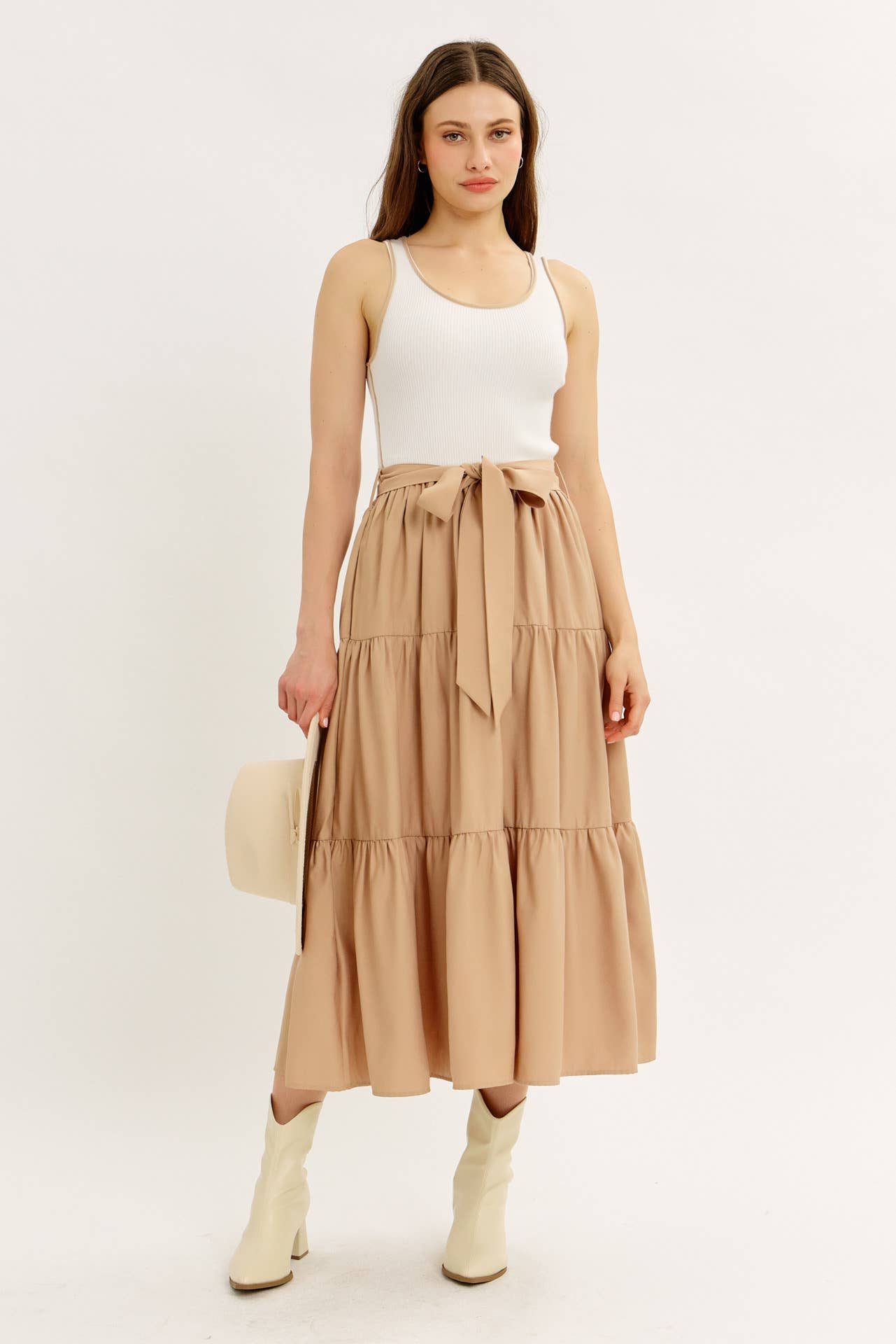 idem ditto - Wholesale Dress - Women's - MIXED MEDIA TIERED RUFFLE SWEATER TANK MIDI DRESS WITH BELT11