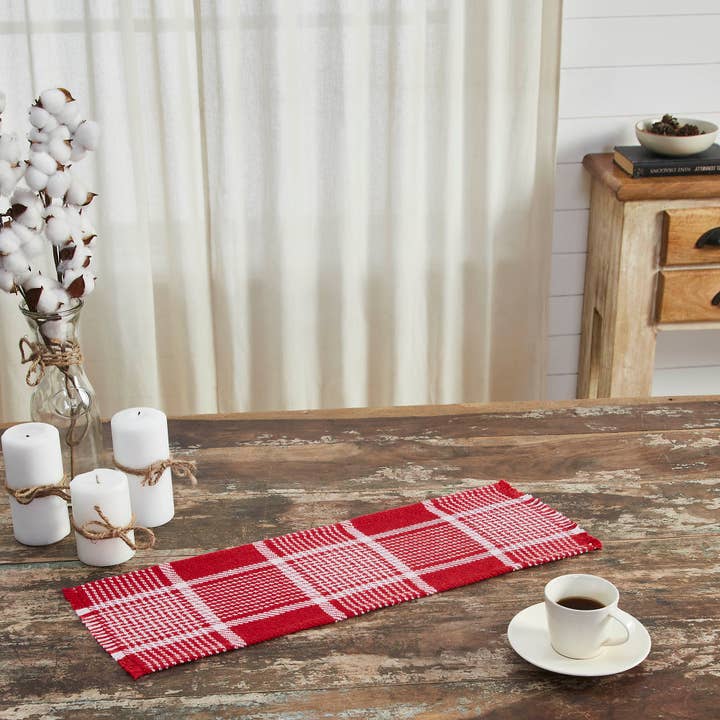 VHC Brands - Wholesale Table Runner - Eston Red White Plaid Runner Fringed 8x24