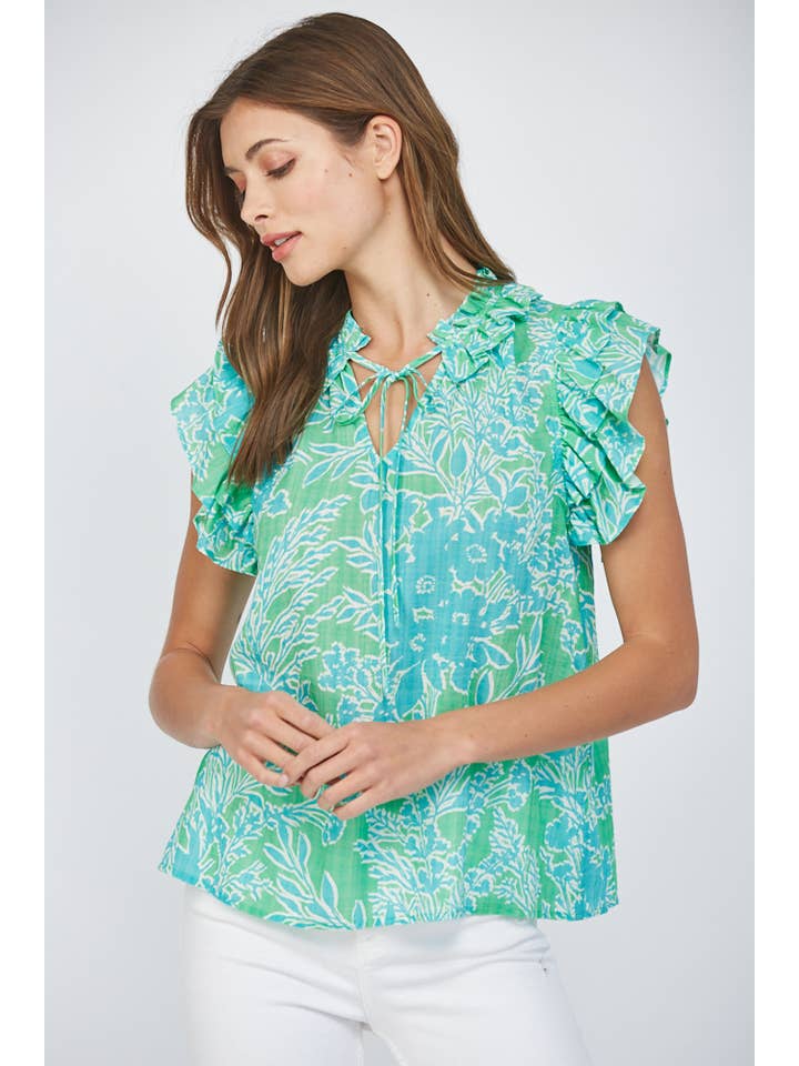 GREEN MULTI FLUTTER SLV RUFFLE COLLAR TOP FT22201 for wholesale on Faire