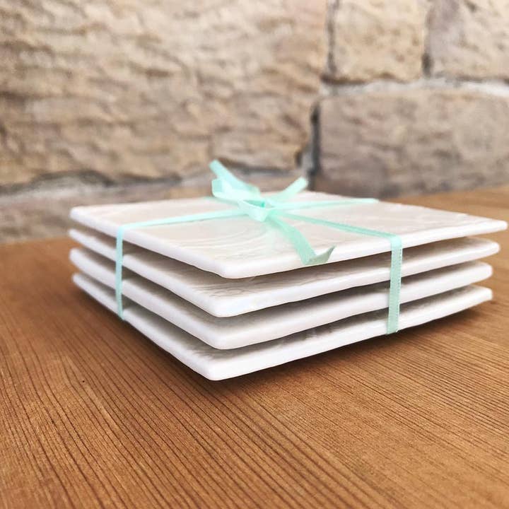 White Fine Porcelain Lace Drinks Coasters for wholesale by Stitched Ceramics