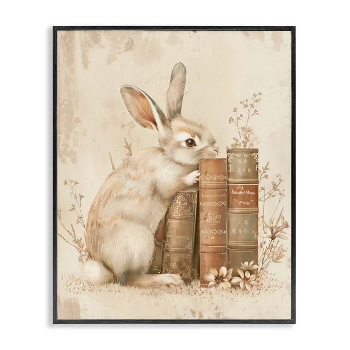 Coniglio Neutro & Libri Giclée Incorniciato per la vendita all'ingrosso da parte di Stupell Industries