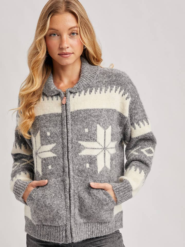 CARDIGAN ZIPPÉ À L'AVANT EN MAILLE DUVETEUSE FAIR ISLE pour la vente par Bluivy