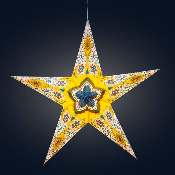 Provence ~ 5 Pointer, 24", Yellow Paper Star Lantern Light for wholesale by Artschatz LLC
