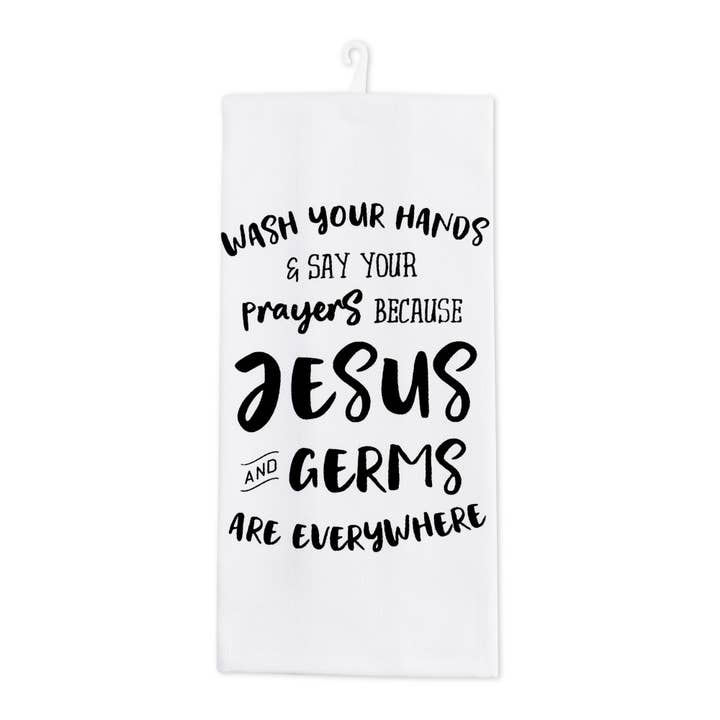 "Jesus and Germs" Decorative Kitchen Towel for wholesale by Duke Imports