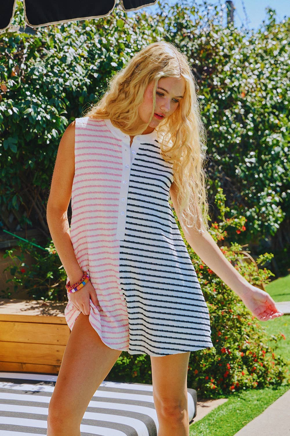 Pink Black R5135-1H Stripe Print Contrast Detail Button Closure Romper for wholesale on Faire3