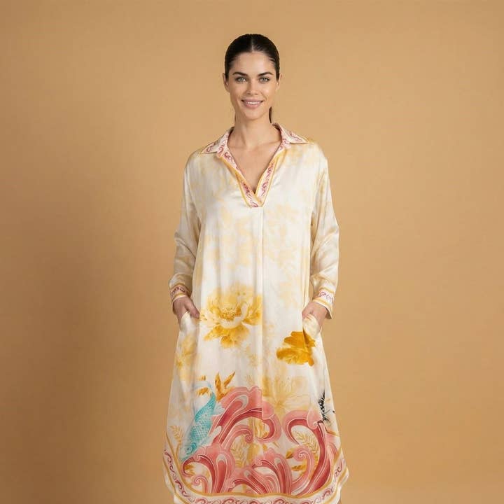 Satin-Kleid mit V-Ausschnitt und Blumenmuster KD9086VS-5 für den Großhandel von Cecile Wang