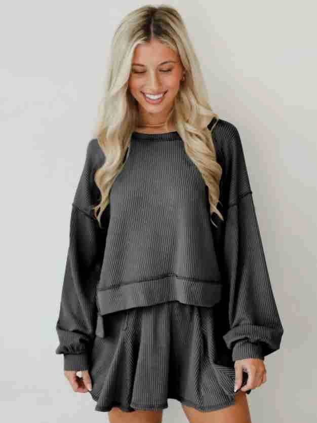 Marayn - Wholesale Top & Skirt Set - Women's - Autumn Ribbed Set Lantern Sleeve Top  Pleated Skirt4