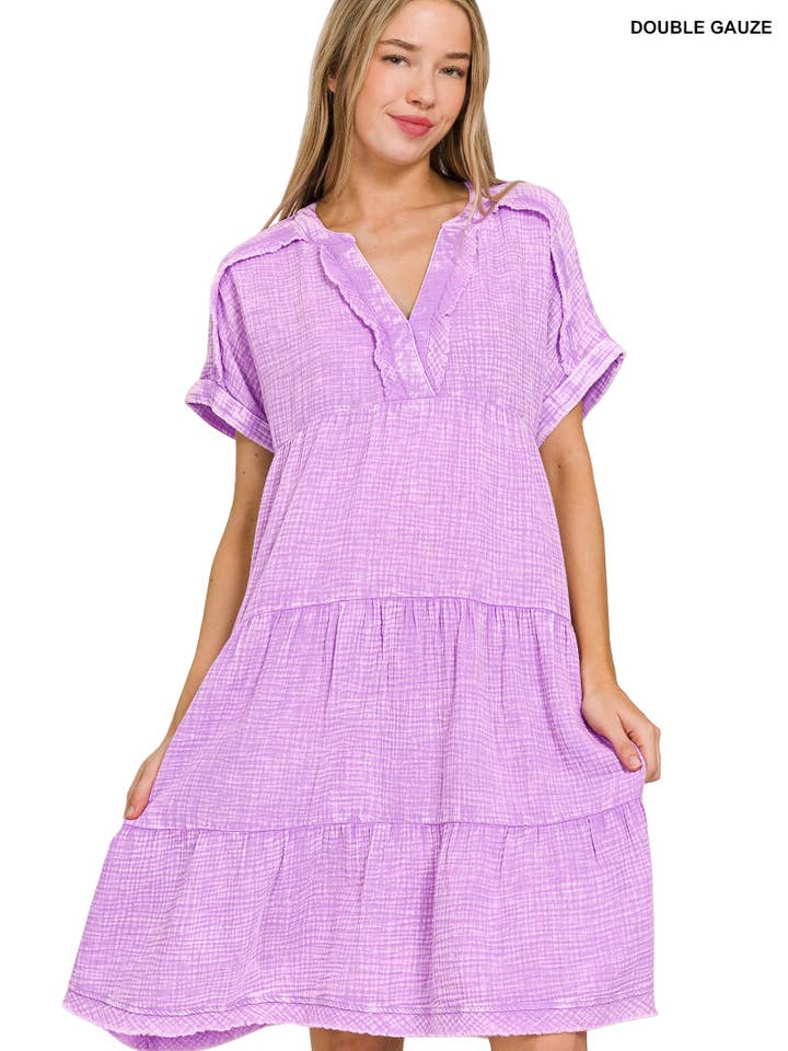 .SI-27453 Tvättad Dubbel Gasväv Rå Kant V-ringad Klänning med Ficka för wholesale av 42POPS