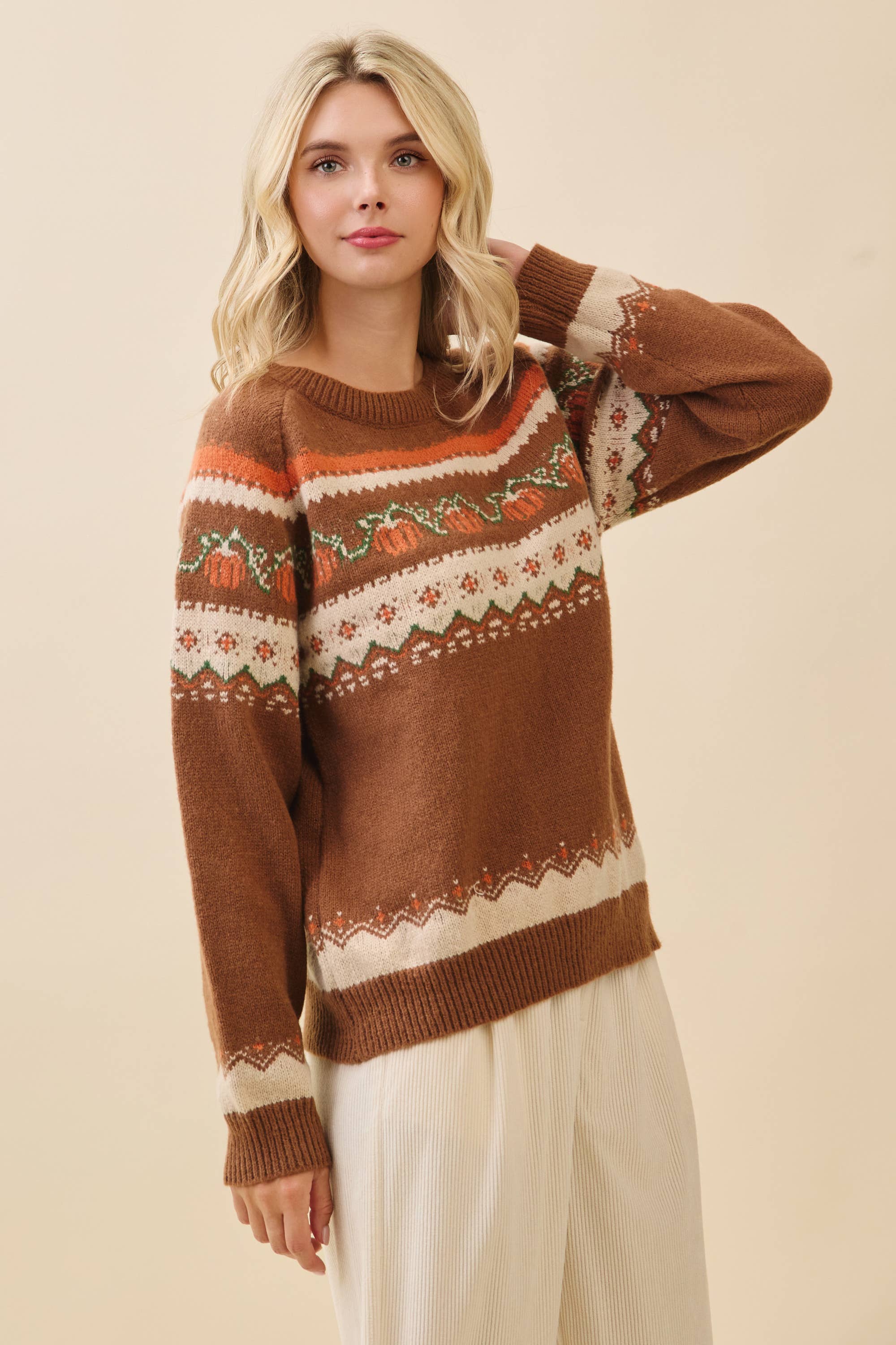 Marron Multi Pull Tricot Citrouille d'Automne OT52161 en vente sur Faire5
