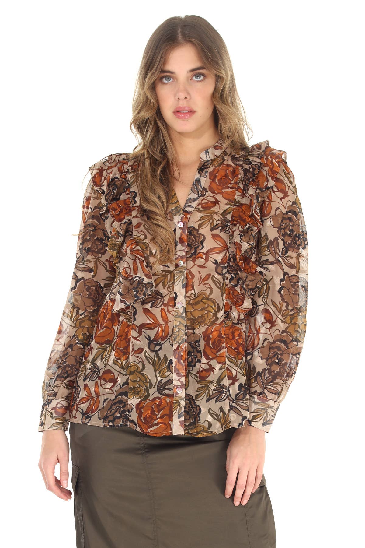 4543-MAT Floral Print Devore Ruffle Trim Blouse - Unlined for wholesale on Faire1