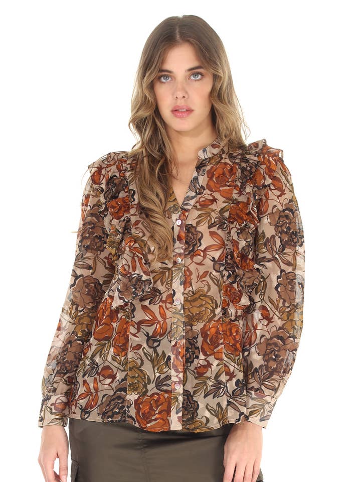 4543-MAT Floral Print Devore Ruffle Trim Blouse - Unlined for wholesale on Faire1