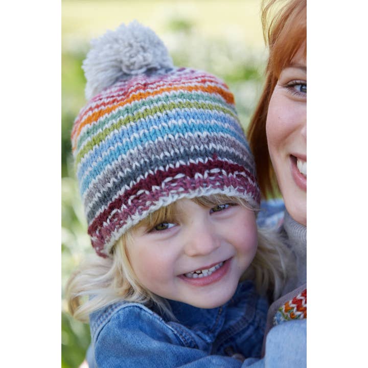 One Colour Kids Hoxton Colourful Stripe Knitted Wool Bobble Beanie Hat for wholesale on Faire6