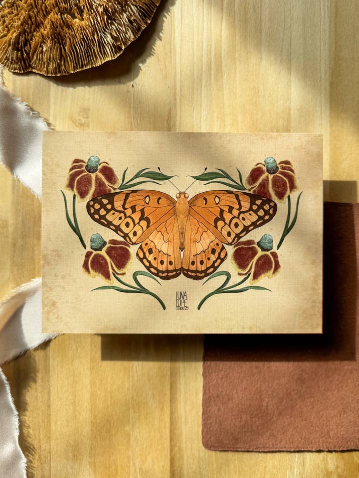 Orange Butterfly & Wildflower Art Print- Illustrated Wall for wholesale by Luna Lupe Studio