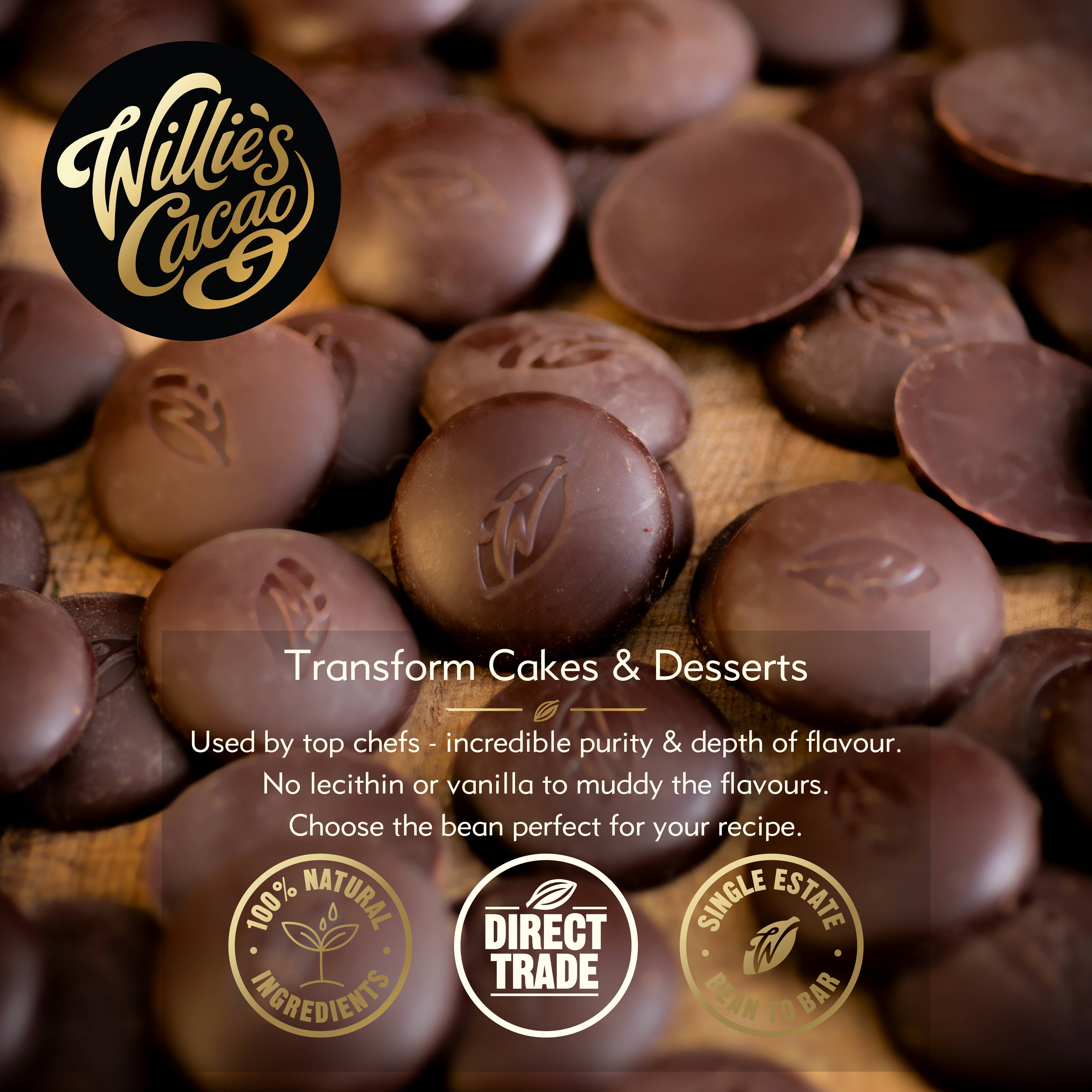 Willie's Cacao – wholesale Chocolate – Chefs Drops. Rio Caribe 72% couverture dark chocolate. Coffee, nutty notes. Vegan. 150g1