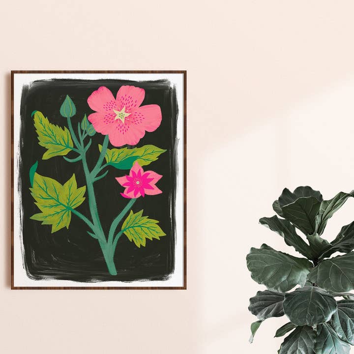 Pink Mallow Flower - Art Print - Dark Background for wholesale by Dream Folk Studio