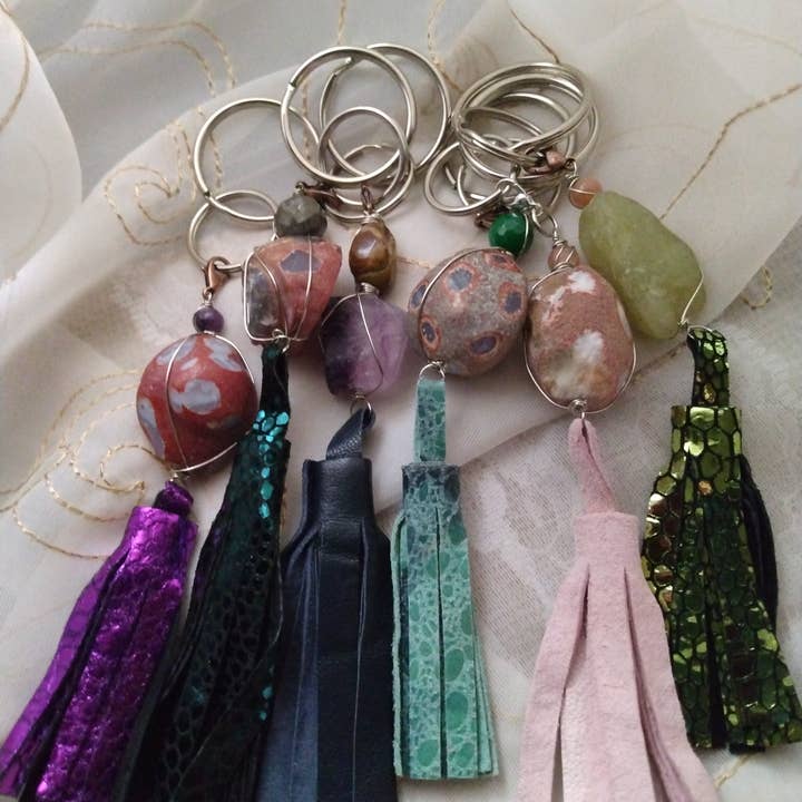 BUNDLE Leather Tassel Natural Stone Keychains (6 PCS) for wholesale by Norahz Boutique