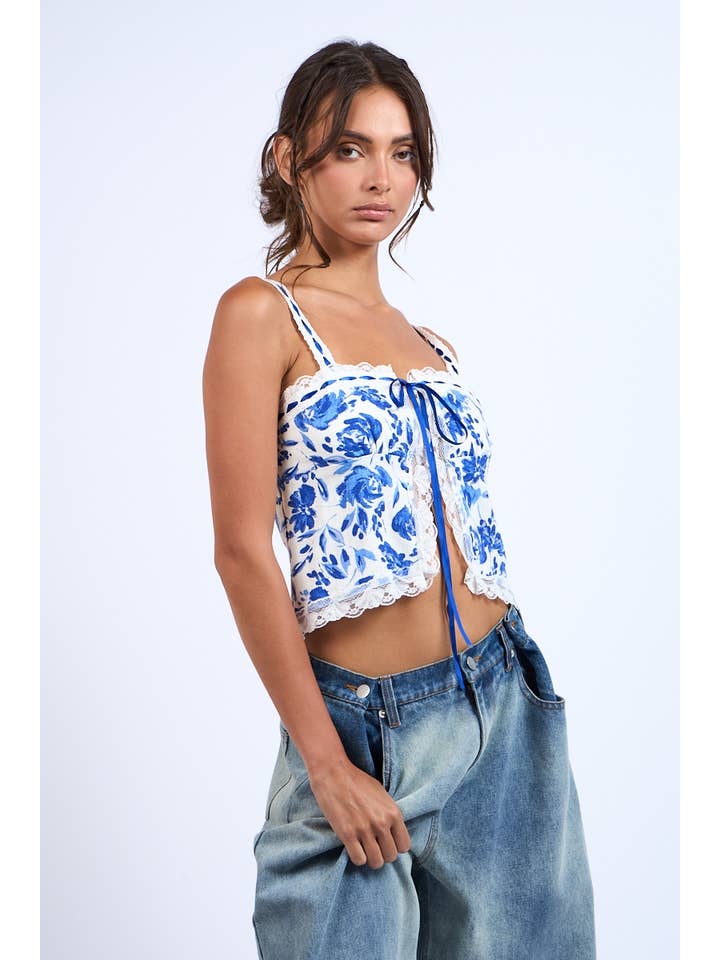 NAVY FLORAL FRONT HOOK&EYES CAMI CROP TOP for wholesale on Faire