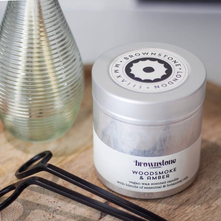 Woodsmoke & Amber Tin Candle for wholesale by Brownstone London