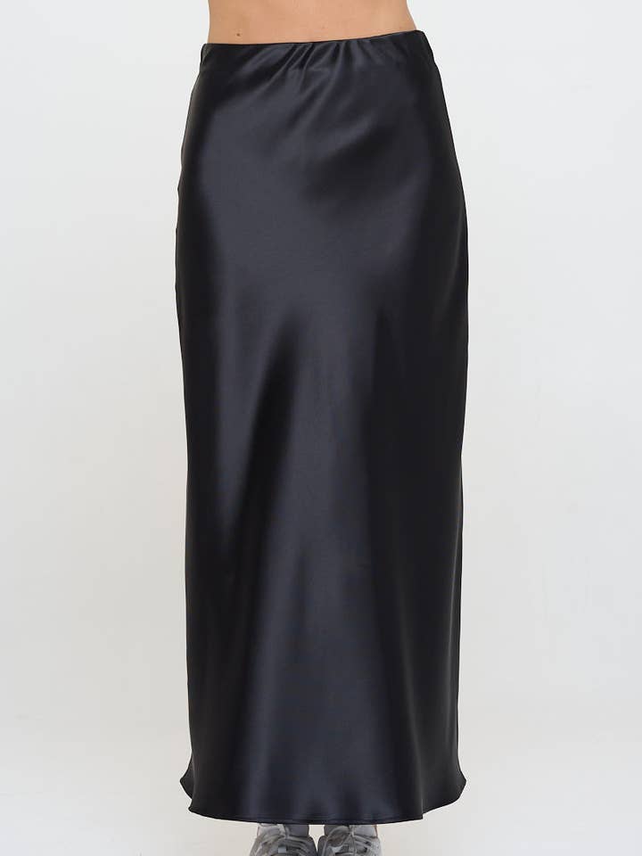 Black Made in USA Silky Satin Maxi Skirt for wholesale on Faire0