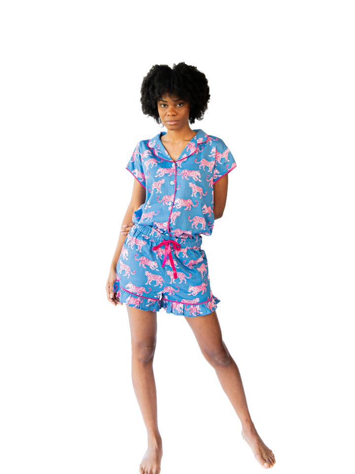 Pink Leopards Luxe Ruffled Pajama Summer Set - Blue & Pink for wholesale on Faire4