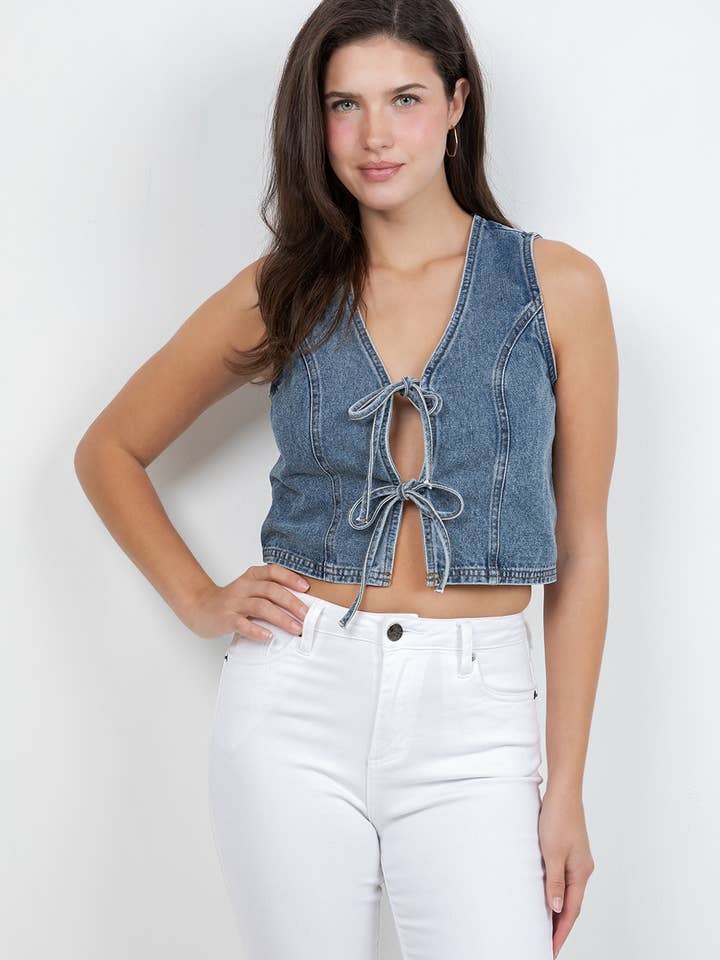 Tie-Front Denim Vest for wholesale by Veracci